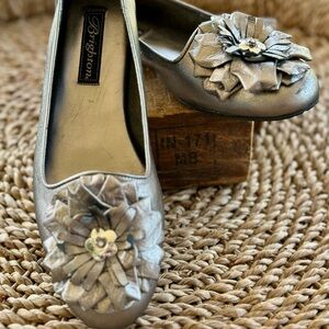 Brighton Women's Metallic Silver Flats with Floral Detail